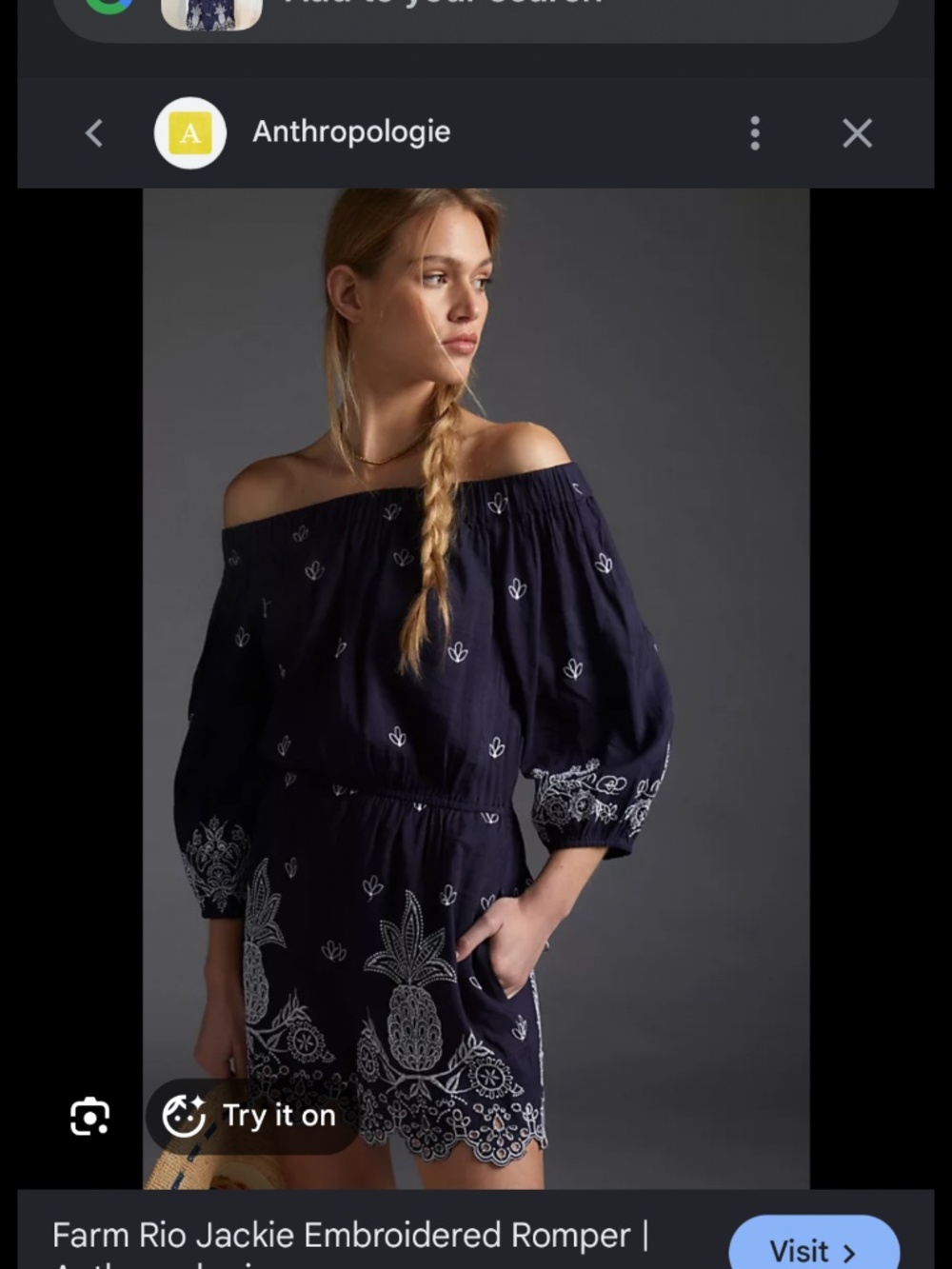 NWT Farm Rio Anthropologie Jackie embroidered pineapple boho Romper navy size M